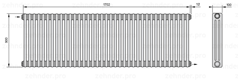 Схема (чертеж) Радиатор Zehnder Charleston 3090/37 №1670 Белый глянцевый RAL 9016